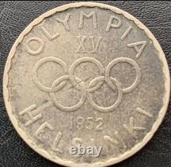 1952 Helsinki Olympic Logo w Rings Genuine Silver 500 Markkaa Coin