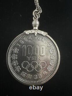 1964 Tokyo Olympic Games Silver 1000Y Coin mounted Sterling 25 Chain necklace