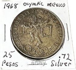 1968 Mexico XIX Olympic Games Aztec Ball Player Big 25 Peso Silver Coin Toned