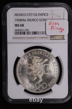 1968-Mo Mexico City Olympics 25 Pesos Silver Coin Even Rings NGC MS68