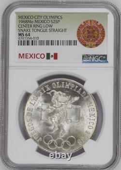 1968 Mo S25-PESOS MEXICO CITY OLYMPICS NGC MS64 UNEVEN RINGS STRAIGHT TONGUE II