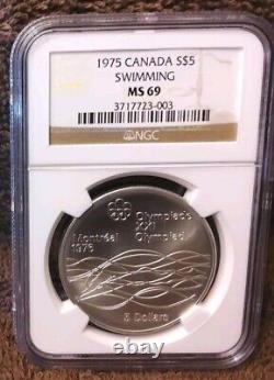 1975 Canadian Large $5 Silver Olympic (Swimming) Coin Graded by NGC MS69