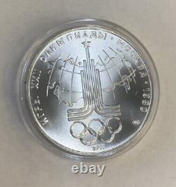1977 MOSCOW 1980 Russia Olympics Rings Globe Silver 10 Ruble Coin