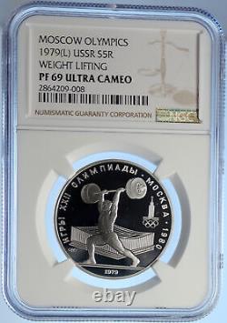 1979 MOSCOW 1980 Russia Olympic WEIGHTLIFTING Genuine Silver 5R Coin NGC i106771
