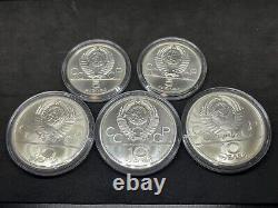 1980 (1979) Moscow USSR 5 Coin Silver Olympic Set 5 & 10 Rubles in Original Box