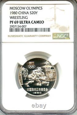 1980 China 20 Yuan silver PROOF NGC PF69 Ultra Cameo Moscow Olympics WRESTLING