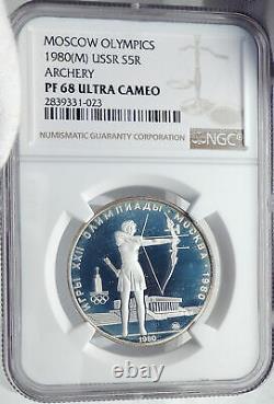 1980 MOSCOW Russia Olympics ARCHERY Genuine Proof Silver 5R Coin NGC i82064