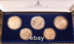 1980 Moscow Russia 5 Coin Silver Olympic Set 5 & 10 Rubles In Display Case