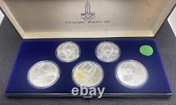 1980 Moscow USSR 5 Coin Silver Olympic Set 5 & 10 Rubles with Case
