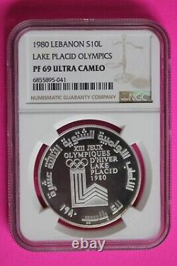 1980 PF 69 10L Lebanon Lake Placid Olympics. 500 Silver Coin NGC Top Pop OCE 161