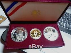 1983 1984 Olympic 3 Coin Proof Set $10 Gold Eagle 2 Silver Dollars Box & COA'S