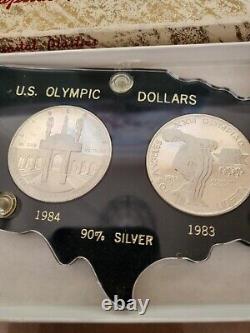 1983 S 1984 S Olympic Games 90% $1 Silver Dollar Proof 2 Coin Set withbox no coa