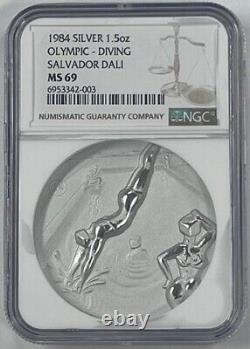 1984 1.5 oz. Silver Olympic Diving Salvador Dali Medallion MS69 NGC