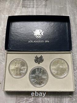 1984 PDS Los Angeles Olympic 3-Coin Uncirculated SILVER Dollar Collector Set OGP