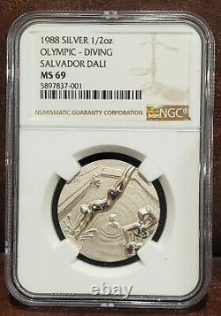 1988 NGC MS 69 UNITED STATES 1/2oz Silver OLYMPIC DIVING Salvador Dali