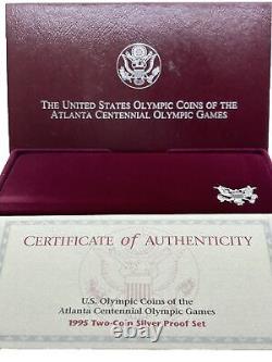 1995 Atlanta Centennial Olympic Games Silver Dollar Proof Set Two $1 Coins COA