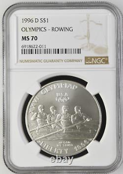 1996 D OLYMPICS ROWING $1 NGC MS70 SILVER COIN BROWN LABEL /w OGP