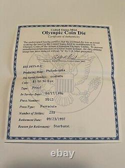 1996 U. S. Mint Olympic Coin Die with COA Please see pictures. Amazing Piece