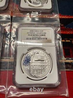 2008 Chinese Olympic 1 Oz 999 Fine Silver Coins NGC Certified PF69 6 Coins