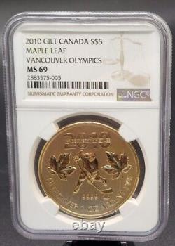 2010 Canada $5 Gilt Vancouver Olympics Hockey Maple Leaf Ngc Ms69 Silver Coin