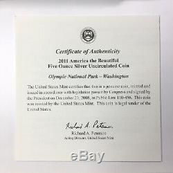 2011-P OLYMPIC NATIONAL PARK ATB 5 oz SILVER UNCIRCULATED COIN w BOX & COA