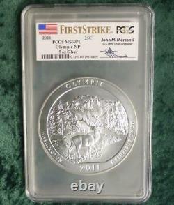 2011 PCGS MS69 PL Olympic National Park 5oz. 999 Silver Quarter, Mercanti Signed
