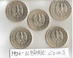 5 -1936- german Olympic SILVER EAGLE(. 900%. 29 mm)-5 mk. Coins