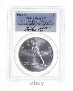 BU 1992-D Olympic Baseball Commem Silver Dollar Signed Nolan Ryan PCGS 4622