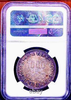 Japan 1964 1000 Yen Olympics Comm. NGC MS65 Turbo Dual Toned Purple Silver Coin