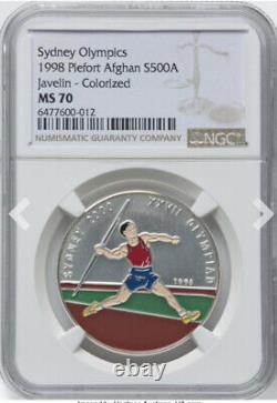 NGC MS70 AFGHANISTAN 1998 Javelin Sports Coin Top Pop? Sydney Olympics Colorized