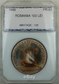 Rare 1996 Romania 100 Lei, Only 125 Minted. 999 Silver Olympic Proof Coin TONED