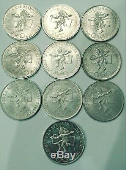SALE! 10 1968 MEXICO 25 Pesos Olympic Coin. 720 SILVER COIN lot of 10 coins