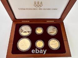 US Mint 1992 Olympic 6 Coin Set, Silver and Gold Proof & Unc coins with COA