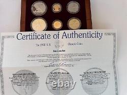 US Mint 1992 Olympic 6 Coin Set, Silver and Gold Proof & Unc coins with COA