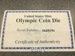 US Mint Official 1996 Olympic Coin Die $1 Silver Reverse, COA, Bag & Cap